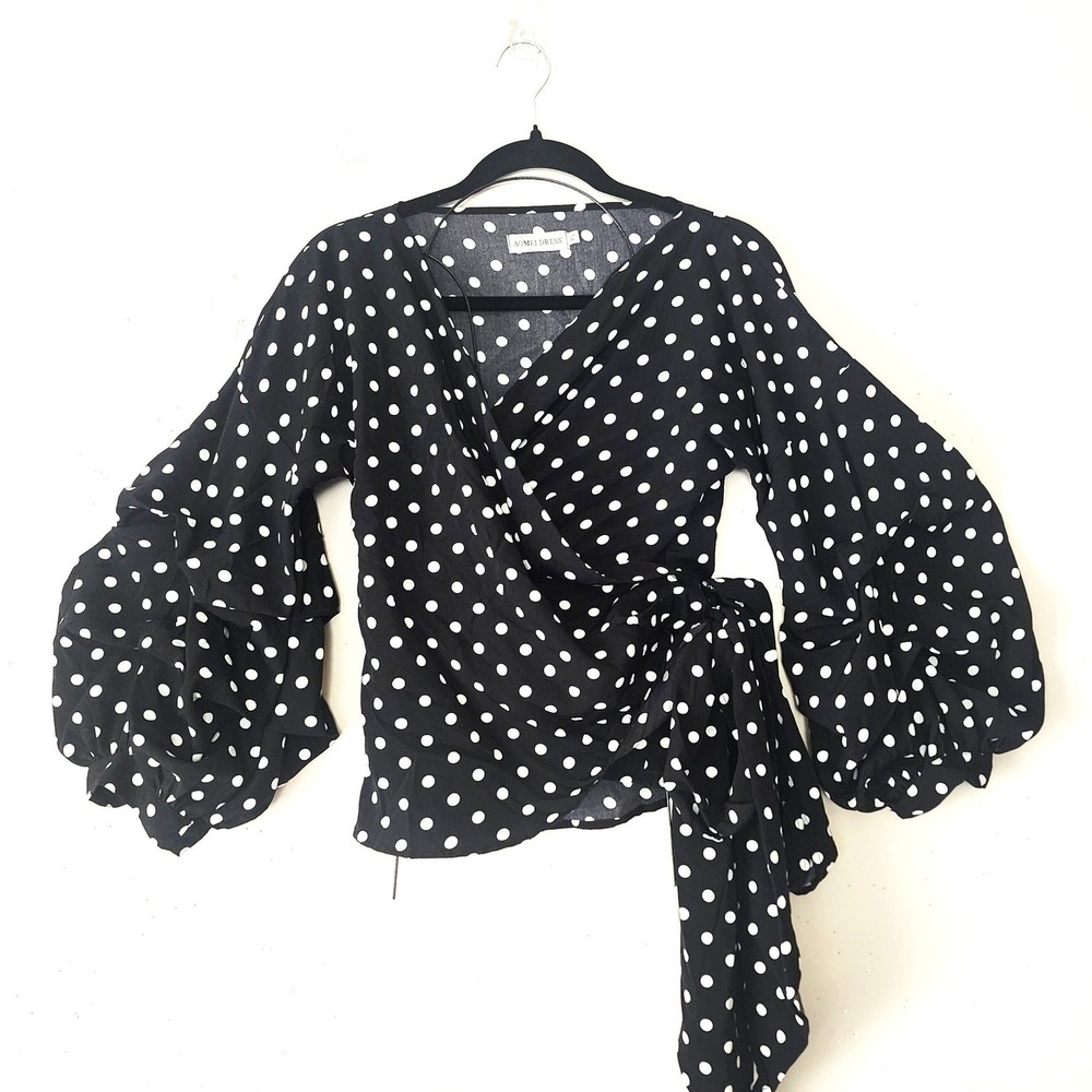 Black White Polka Dot Chiffon Tie Waist Wrap Blouse XL Tiered Balloon Sleeve